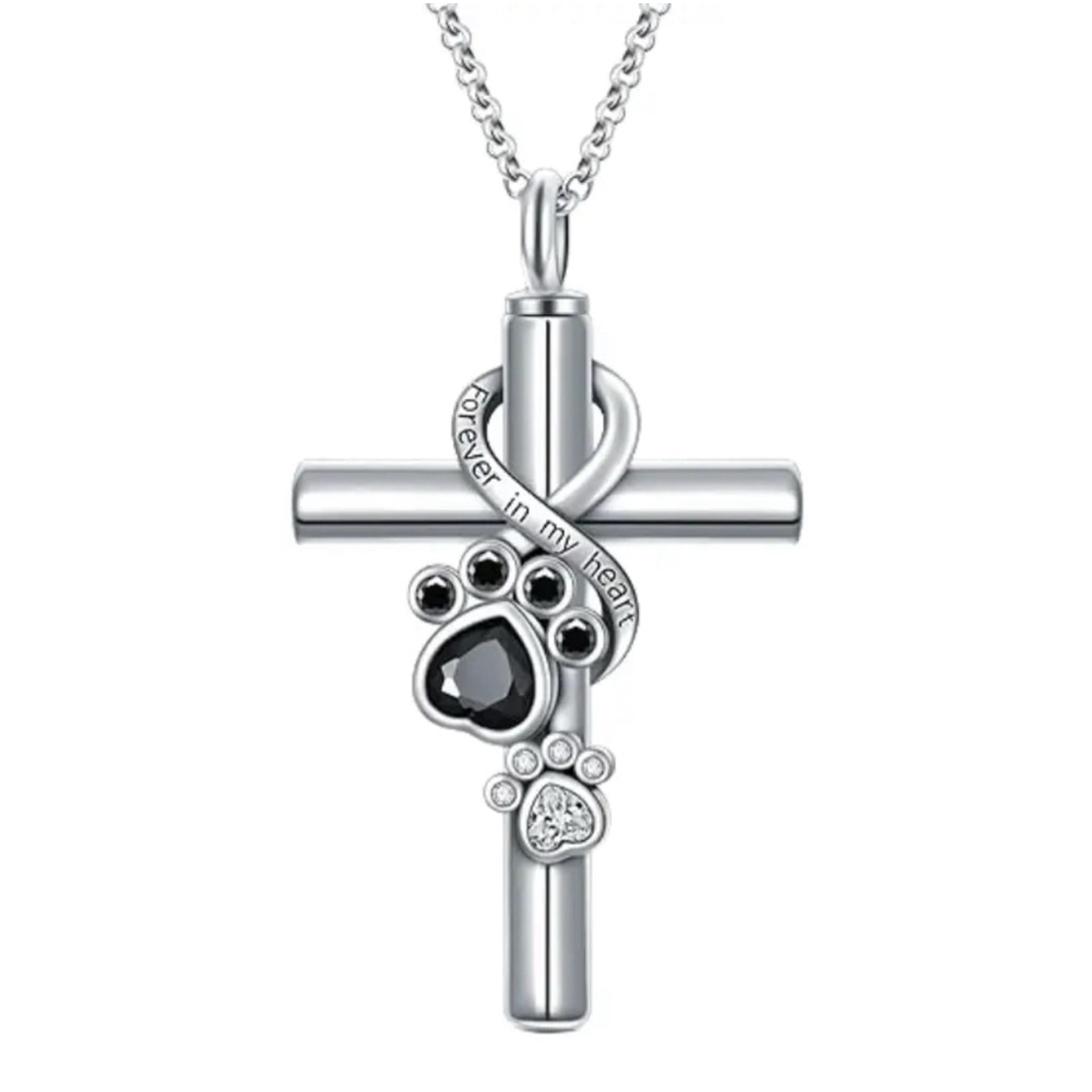 Pet Memorial Cross Necklace Silver Tone Paw Print Pendant